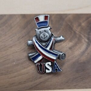Vintage Ballet‎ Pewter Teddy Bear Brooch Lapel Pin Enameled USA Ribbon Patriotic